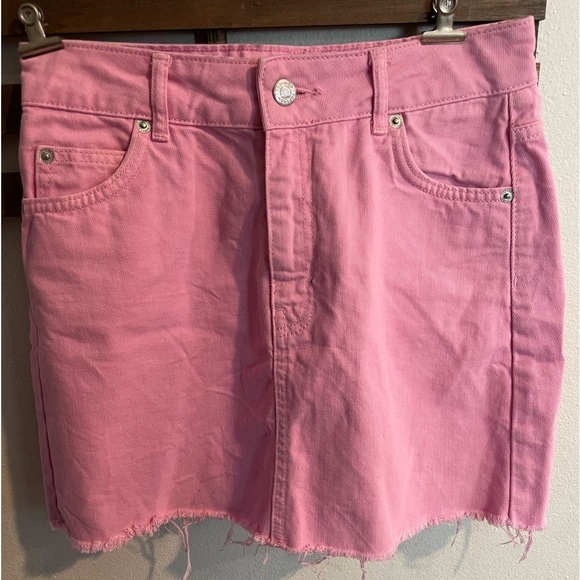 Topshop‎ Moto Bubblegum Pink Denim High Waisted Mini Skirt US Size 4 - Picture 2 of 7